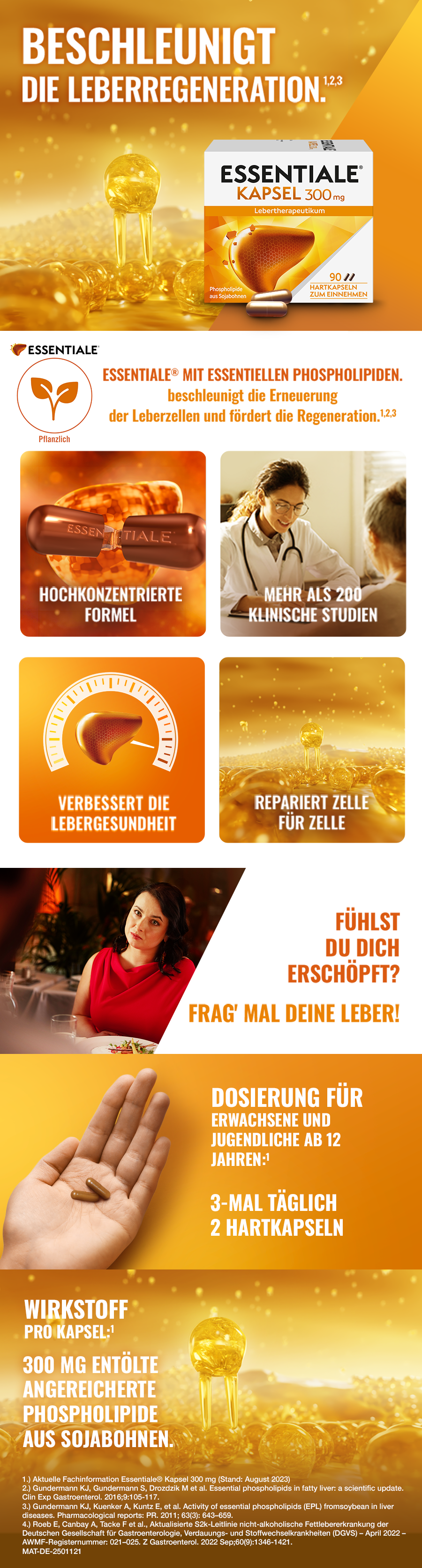 ESSENTIALE® Kapsel 300 mg. Dosierung: 3-mal täglich 2 Hartkapseln. Für Erwachsene und Kinder ab 12.